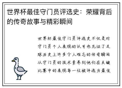 世界杯最佳守门员评选史：荣耀背后的传奇故事与精彩瞬间